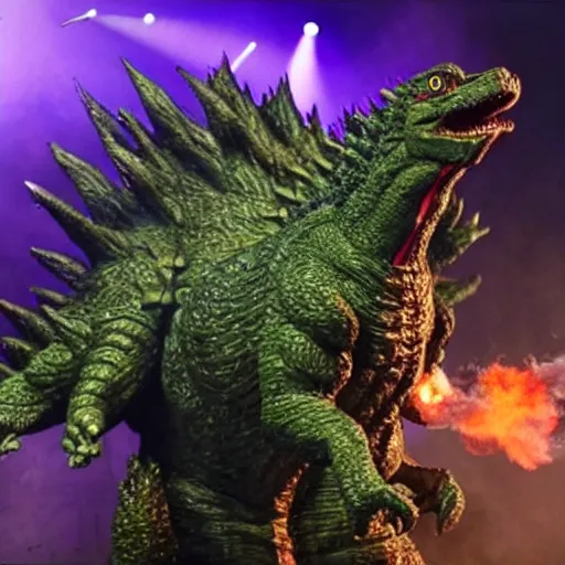 Prompt: army of godzilla on stage, smoking weed