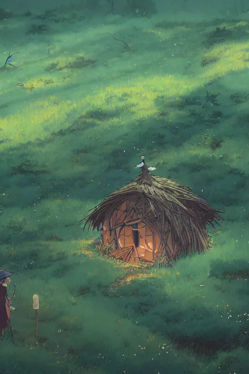 Image similar to a lonely witch's hut in a clearing in the forest on which a giant spaghetti monster is approaching, top view rule of thirds golden ratio, fake detail, trending pixiv fanbox, acrylic palette knife, style of makoto shinkai studio ghibli genshin impact james gilleard greg rutkowski chiho aoshima
