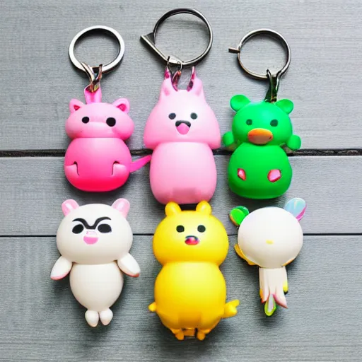 Image similar to some cute plastic toys that look like animal characters hanging from a backpack on a keychain, white, cream, and light pink