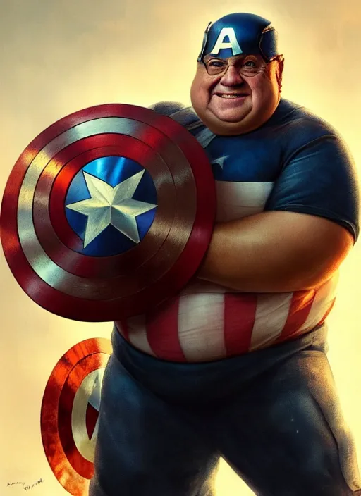 Prompt: Portrait of Fat Danny Devito with his belly sticking out as Captain America, He is Holding his shield while posing, realistic, detailed, 4k by Greg Rutkowski Mark Arian trending on artstation