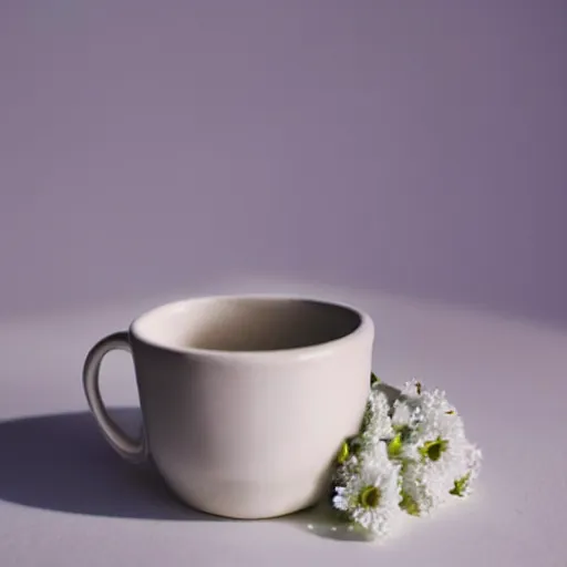 Image similar to clay mug on a white surface surrounded by a plethora of blue and white flowers, bright white realistic, up close shot, white background, zen, light, modern minimalist f 2 0