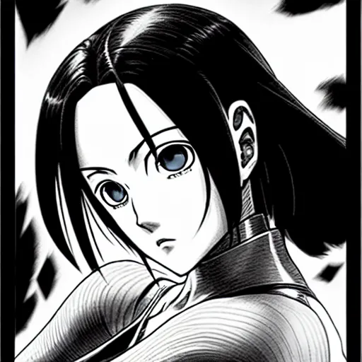 Image similar to alita by yukito kishiro. medium shot. black and white manga. pencil drawing. high detailed face