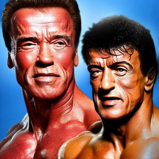 Image similar to Arnold Schwarzenegger and Sylvester Stallone in an UFC fight in octagon, artstation hall of fame gallery, editors choice, #1 digital painting of all time, most beautiful image ever created, emotionally evocative, greatest art ever made, lifetime achievement magnum opus masterpiece, the most amazing breathtaking image with the deepest message ever painted, a thing of beauty beyond imagination or words, 4k, highly detailed, cinematic lighting