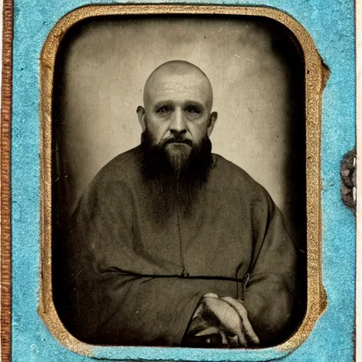 Image similar to tintype photograph of medieval monk, medieval abbot, italian monastery, medieval photograph