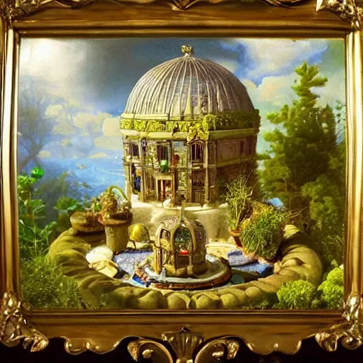 Prompt: still life painting of a miniature tabletop forest with a tiny palace under an ornate glass dome, by paulette tavormina and vermeer, surrealism, faery palace, hyper realistic, sharp focus, detailed, beautiful bright lighting, donato giancola