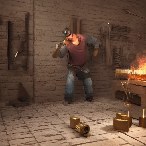 Image similar to Blacksmith creates new element with hammer, arnold render, ultrarealistic, bloom, mythic