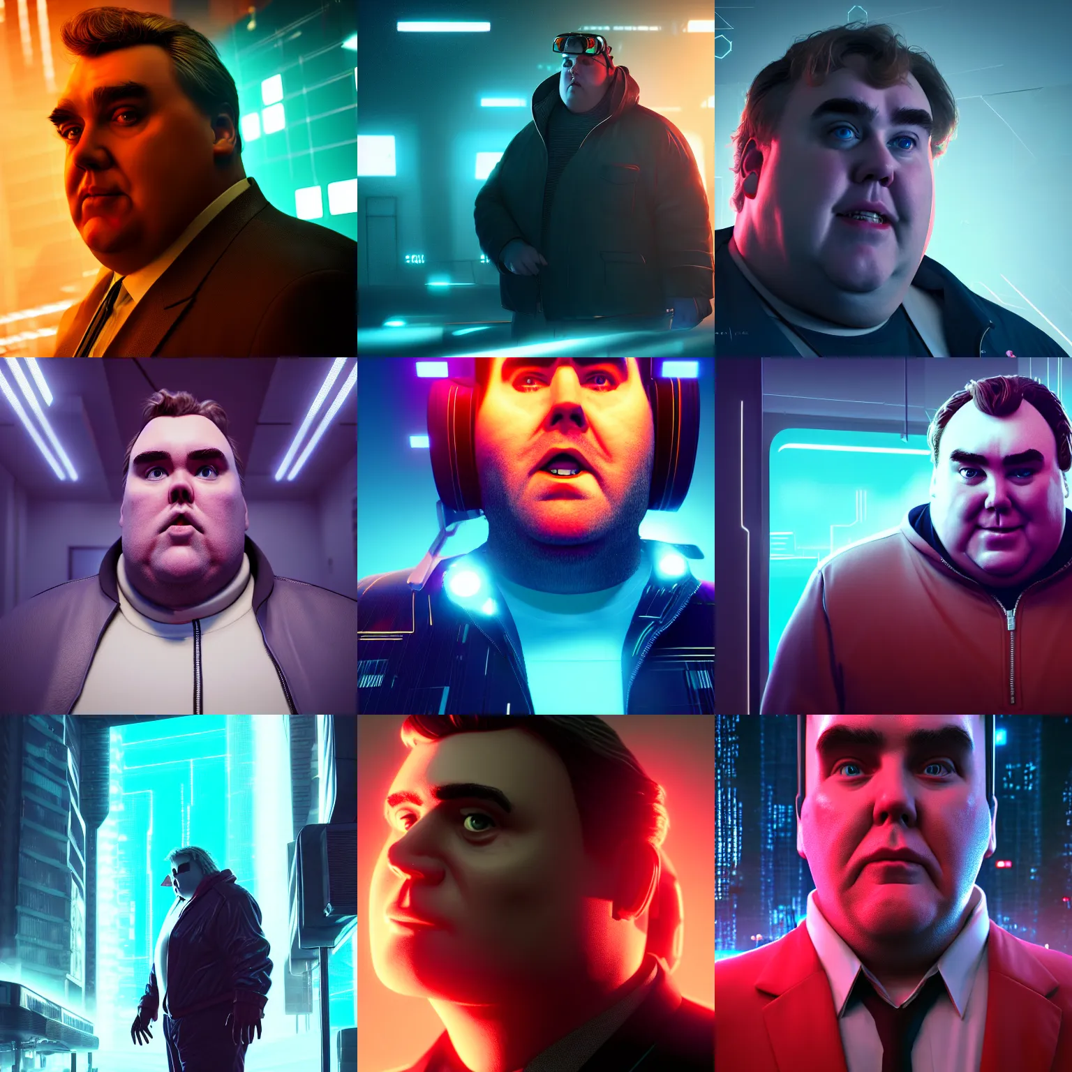 Prompt: portrait of john candy suffering in the metaverse, cyberpunk, digital art, trending on artstation, octane render