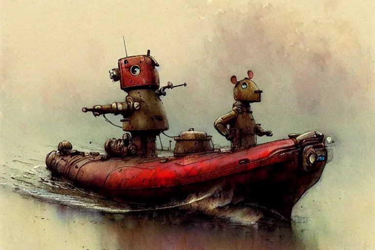 Image similar to adventurer ( ( ( ( ( 1 9 5 0 s retro future robot android mouse house boat tug boat calm stream. muted colors. ) ) ) ) ) by jean baptiste monge!!!!!!!!!!!!!!!!!!!!!!!!! chrome red