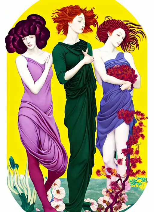 Image similar to 3 Spring Muses symbolically representing March, April, and May, in a style blending Æon Flux, Peter Chung, Shepard Fairey, Botticelli, Ivan Bolivian, and John Singer Sargent, inspired by pre-raphaelite paintings, shoujo manga, and cool Japanese street fashion, dramatically blossoming flora and fauna, petals falling everywhere, pastel vivid triad colors, hyper detailed, super fine inking lines, ethereal and otherworldly, 4K extremely photorealistic, Arnold render