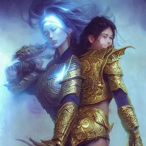 Prompt: intricately decorated paladin duo, golden, ethereal back light, mist, coherent composition, fantasy painting by artgerm, noriyoshi ohrai, yuumei