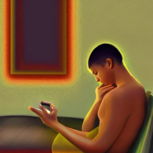 Image similar to a male teenager praying for a divine smartphone in front of him, digital art