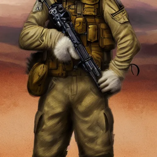 Prompt: face view of a fluffy fennec fox dressed in a modern american military soldier uniform, in apocalyptic wasteland, portrait, artstation