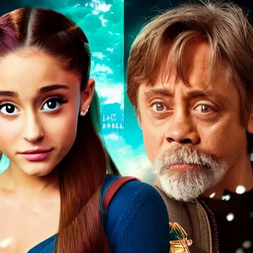 Image similar to a live action Pokemon movie poster featuring Ariana Grande and Mark Hamill