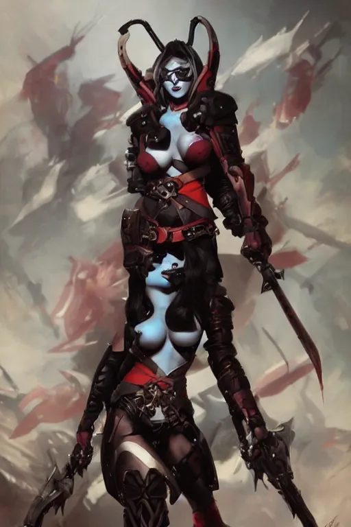 Image similar to portrait of dark eldar Harley Quinn in bikini armor, dc comics, cyberpunk, Warhammer 40000, dark fantasy, digital art from artstation by Ruan Jia and Mandy Jurgens and Artgerm and william-adolphe bouguereau