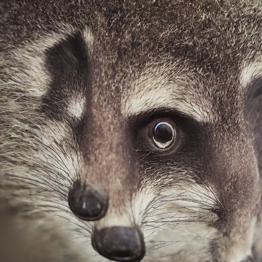 Prompt: big raccoon walks in the woods, closeup, trending on artstation, 50mm, by Noah Bradley