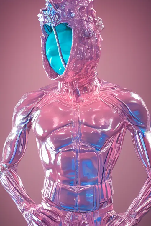 Image similar to hyper detailed ultra sharp fullbody photo of baroque and cyberpunk transparent pink ceramic sculpture of a muscular seductive muscular italian guido feeling muy cachondo, muy dotado, iridescent humanoid deity wearing pink plastic seethrough cloak, holding a rainbow tiger gem, blue diamond, glowing pink face, crown of white diamonds, cinematic lighting, photorealistic, octane render 8 k