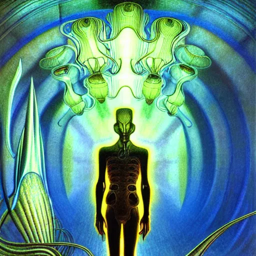 Image similar to realistic extremely detailed portrait painting of a glowing male silhouette, futuristic sci-fi landscape on background by Jean Delville, Amano, Yves Tanguy, Alphonse Mucha, Ernst Haeckel, Edward Robert Hughes, Roger Dean, rich moody colours, blue eyes