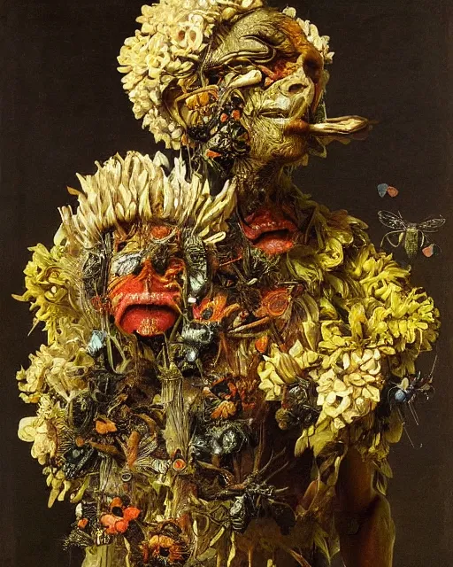 Image similar to oil painting portrait of a mutant man with a strange disturbing face made of flowers and insects by otto marseus van schriek rachel ruysch christian rex van minnen dutch golden age