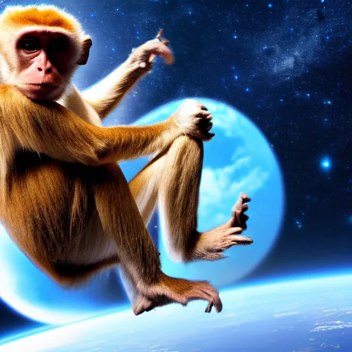 Prompt: photo of a monkey wearing a space suite in space, 4k wallpaper, high quality photo