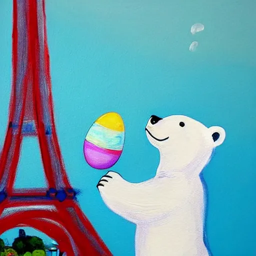 Image similar to A polar bear painting easter eggs in front of the Eiffel Tower