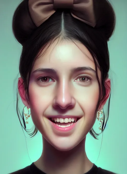 Image similar to portrait of teenage girl, narrow face, black hair, bangs, half updo hairstyle, skinny, big nose, smile, unattractive, defined jawline, big chin, wearing hair bow, earrings, intricate, elegant, glowing lights, highly detailed, digital painting, artstation, sharp focus, illustration, art by wlop, mars ravelo and greg rutkowski