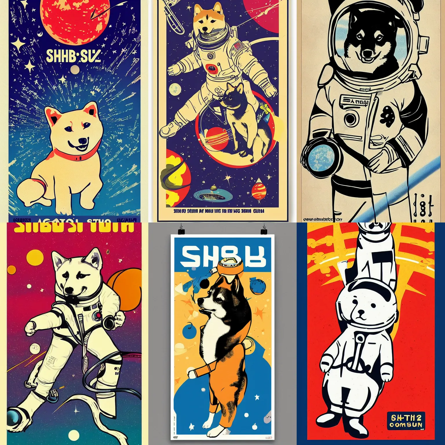 Image similar to Shiba Inu cosmonaut, 60s poster, in the style of a music poster 1968