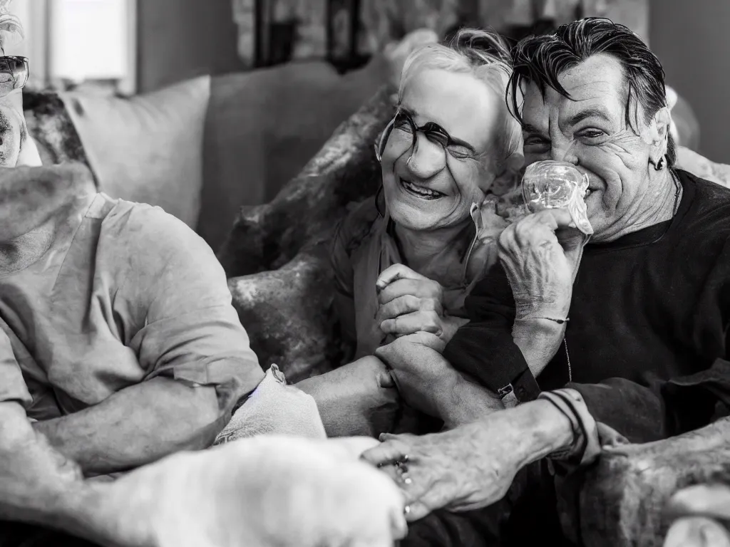 Prompt: close - up photo of a till lindemann sits on the couch with grandmother both laughing, natural lighting, wide lens, 4 k