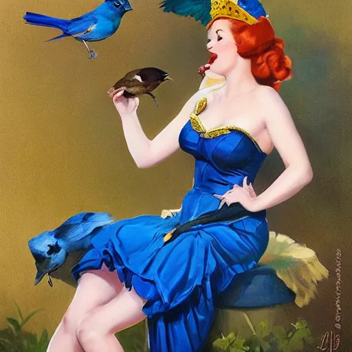 Prompt: pinup girl holding an indigo bunting, bird, the bird is wearing a crown and bowtie by greg rutkowski, rossdraws, gil elvgren, enoch bolles, anime, porcelain skin, glistening, very coherent, hyper realistic painting