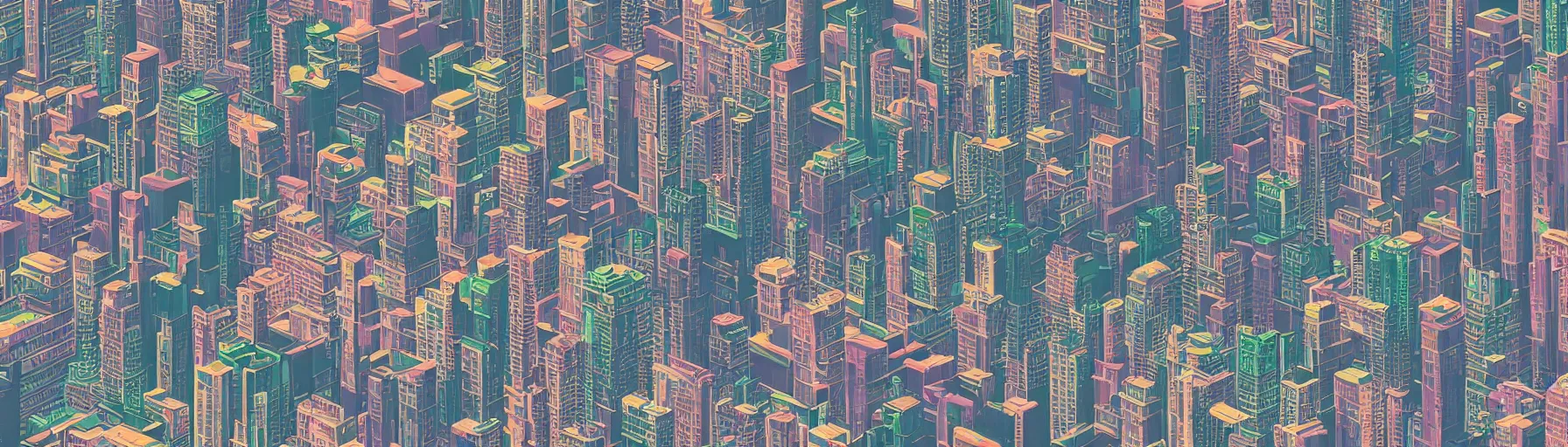 Image similar to vertical panorama of the neo - tokyo skyline in the style of studio ghibli