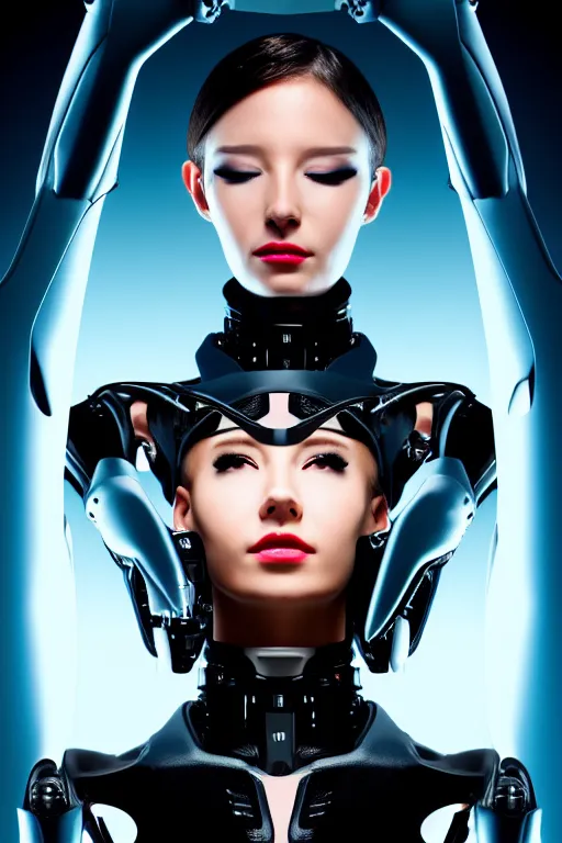 Image similar to cybernetic ultra high tech female secretary with cat ears, sci - fi, cyberpunk, high tech, futurism, exoskeleton, symmetry, cinematic, elegant, luxury, perfect light, perfect composition, dlsr photography, sharp focus, 8 k, ultra hd, sense of awe, highly detailed, realistic, intricate, science journal cover