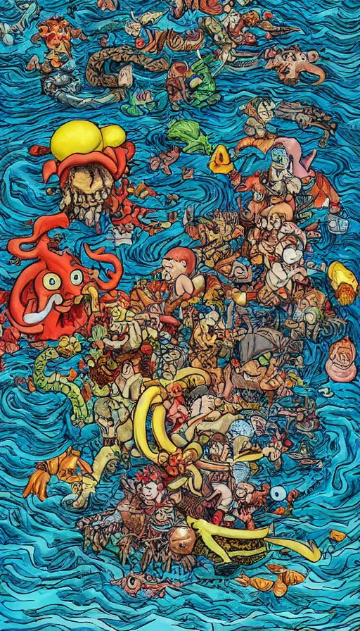 Prompt: man on boat crossing a body of water in hell with creatures in the water, sea of souls, by akira toriyama