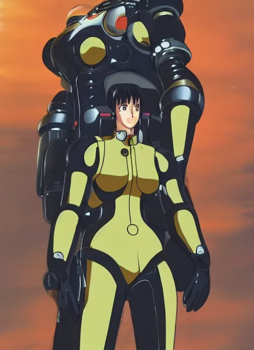 Image similar to Portrait of a female mech pilot in a latex bodysuit, 90s anime, cel-shaded, highly detailed, dramatic background, complementary lighting, poster