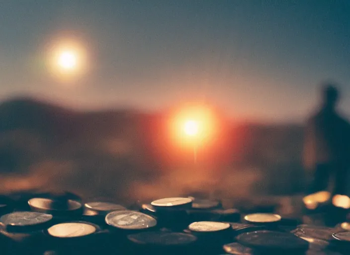 Prompt: a 3 5 mm photo of hills made of of coins, with a man standing on top, splash art, movie still, bokeh, canon 5 0 mm, cinematic lighting, dramatic, film, photography, golden hour, depth of field, award - winning, anamorphic lens flare, 8 k, hyper detailed, 3 5 mm film grain