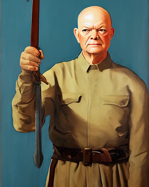 Prompt: a painting of a dwight eisenhower holding a sword, a character portrait by quirizio di giovanni da murano, reddit, antipodeans, ilya kuvshinov, official art, tarot card