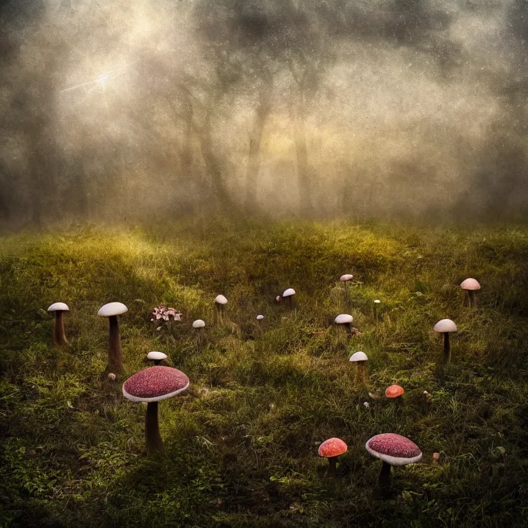 Image similar to a planet of various fungus like trees, mushrooms, flowers and plants, artistic photography, conceptual, long exposure outside the city, volumetric light