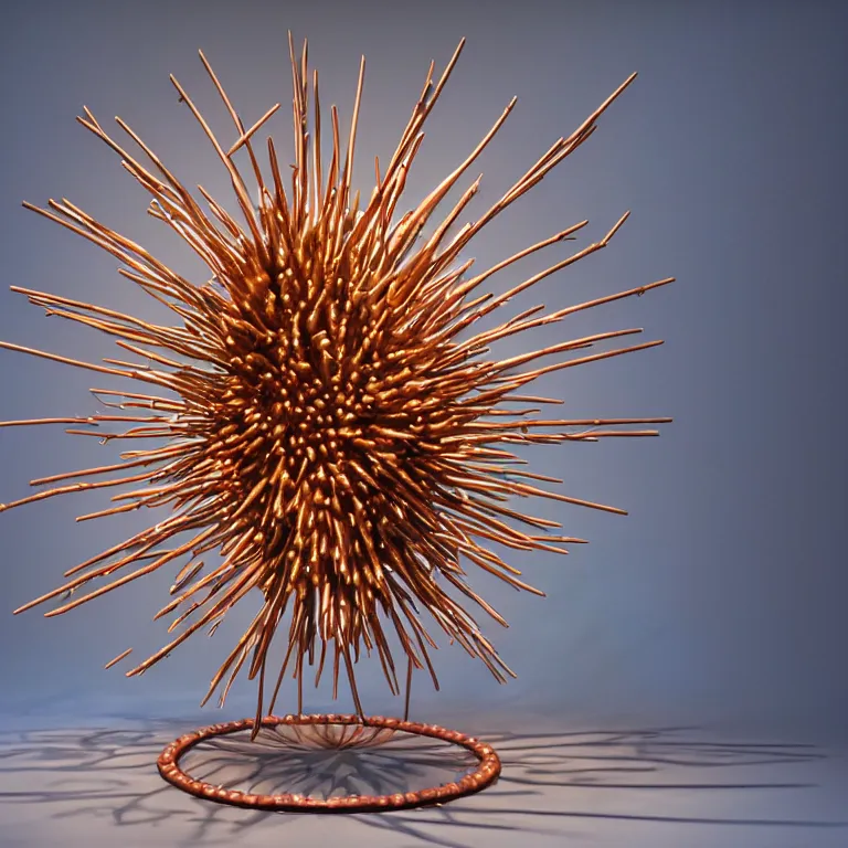 Prompt: hyperrealistic sculpture of a bronze ancient fossilized sea urchin curved spikes with opalescent blue and iridescent red spraypaint in a plywood grid cage on a pedestal by ron mueck and duane hanson and lee bontecou, hyperrealistic dramatic colored lighting trending on artstation 8 k