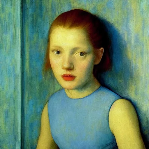 Image similar to close up of an ivory girl in a blue and gold haunted liminal abandoned room, film still by edward hopper, by Pontormo, by klimt, pre-raphaelite. art noveau, art noveau, highly detailed, strong lights, liminal, eerie, Bright pastel colors