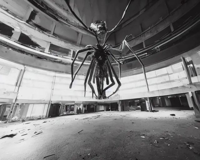 Image similar to camera footage of a Gigantic Spider Demon in an abandoned shopping mall, high exposure, dark, monochrome, camera, Unreal engine 5, grainy, CCTV, security camera footage, timestamp, zoomed in, fish-eye lens, Evil, spider, horrifying, lunging at camera :4