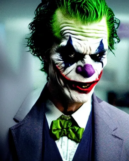 Image similar to Film still close-up shot of Vince McMahon as The Joker from the movie The Dark Knight