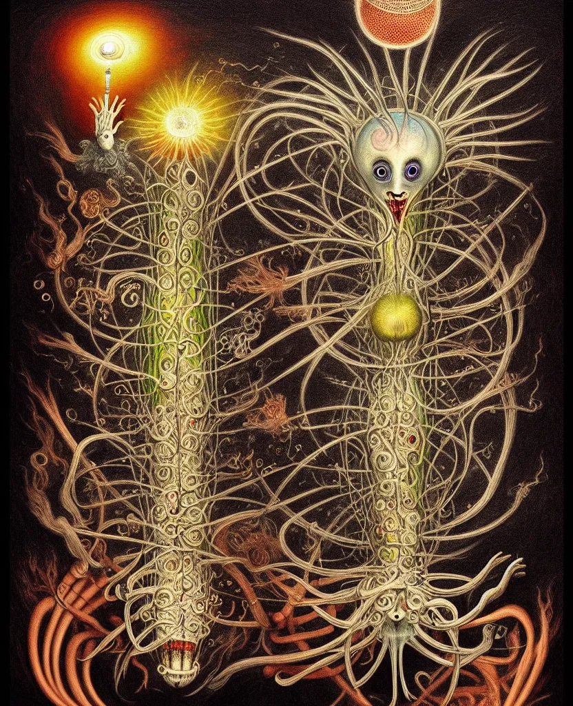 Image similar to whimsical freaky creature sings a unique canto about'as above so below'being ignited by the spirit of haeckel and robert fludd, breakthrough is iminent, glory be to the magic within, painted by ronny khalil