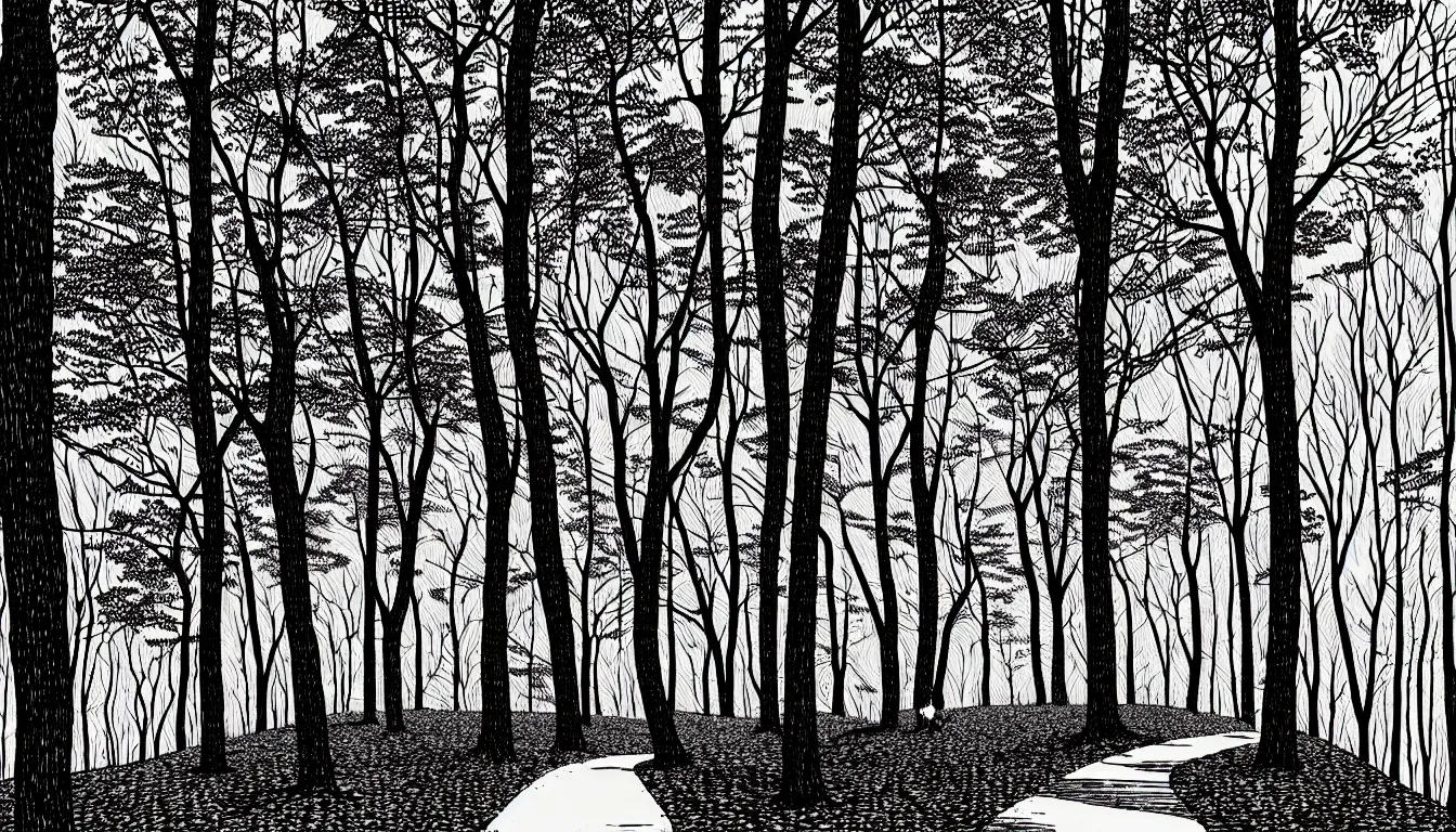 Image similar to hiking trail beneath trees by dan mumford and peter doig and edward hopper, symmetrical, minimal, black ink, thick lines highly detailed, muted colours 8 k