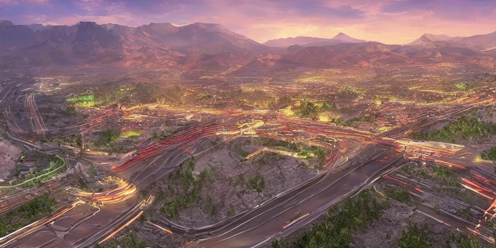 Prompt: city located in sunset valley in kyrgyz, cars, tracks aircrafts, vray, hdr, overhead view, photorealistic