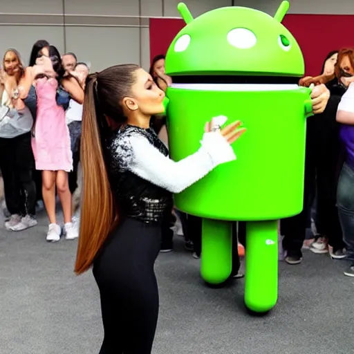 Prompt: ariana grande kissing an android robot mascot at the tech lab 4k photo