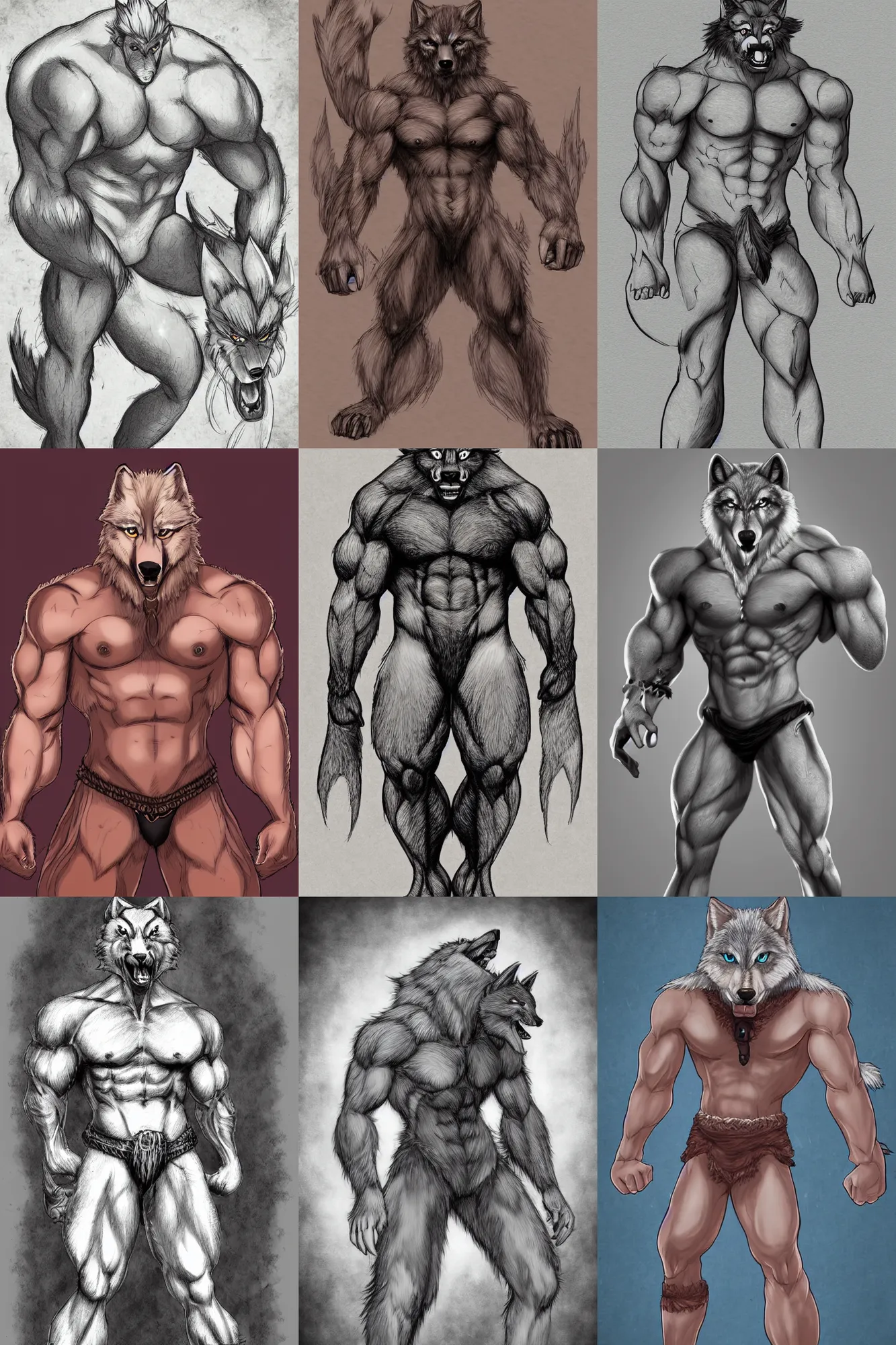 Prompt: detailed digital art of an anthropomorphic wolf beastman wearing loincloth posing to show his muscles, trending on pixiv