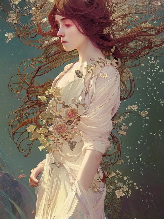 Prompt: Full view 4k digital portrait Ethereal Floralpunk elysian Maiden of radiant light wearing ivory dress made of stardust masterpiece digital illustration by Ruan Jia and Ilya Kuvshinov, award winning, Artstation, art nouveau aesthetic, Alphonse Mucha background, intricate details, realistic, panoramic view, Hyperdetailed, 8k resolution, Artstation, behance