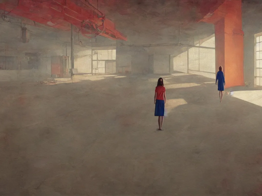 Prompt: lone girl levitating inside empty abandoned large factory, stanley kubrick the shinning, vibrant colors americana, cinematic, volumetric lighting, realistic, detailed, painting in the style of edward hopper