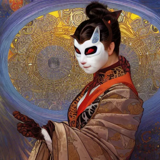 Image similar to cat superhero with kabuki mask, gorgeous, beautiful, intricate, highly detailed, digital painting, artstation, oppressive lighting, concept art, sharp focus, illustration, art by donato giancola and alphonse mucha, background by James Jean and gustav klimt, 4k, volumetric lighting, french nouveau