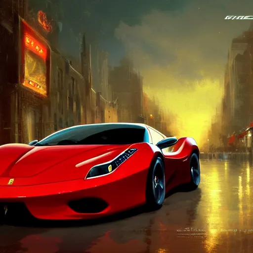 Prompt: Ferrari designed by Gige, trending on artstation, ultra detailed, 8k, car illustration by Greg Rutkowski, Thomas Kinkade.