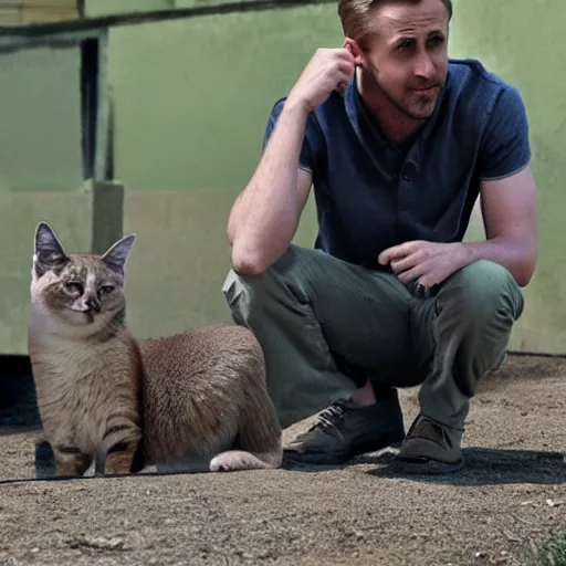 Prompt: Ryan Gosling and the cat Caracal