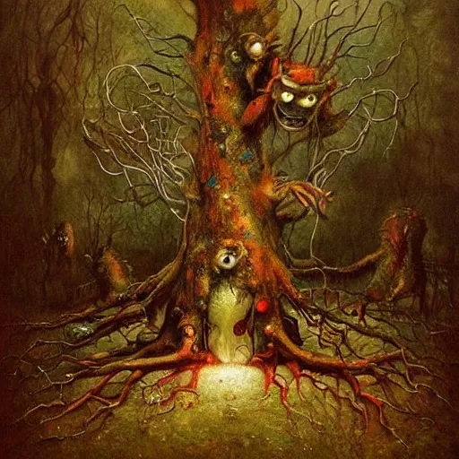 Prompt: nightmarish mutated creatures surrounding a magical cursed shimmering tree in an awful hell, by esao andrews and rembrandt